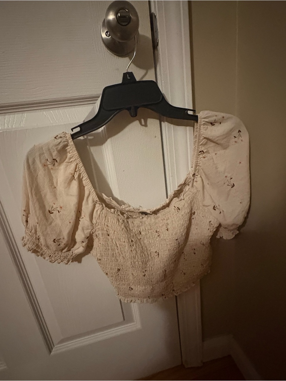 As U Wish Cream Smocked Puff Sleeve Crop Top with Tiny Floral Print